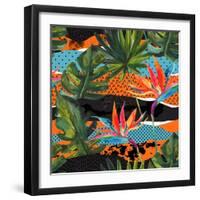 Abstract Tropical Summer Pattern - Watercolor Exotic Flower, Monstera, and Palm Leaves-tanycya-Framed Art Print