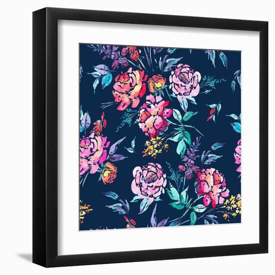 Abstract Watercolor Floral Seamless Pattern in a La Prima Style, Red Watercolor Roses - Flowers, Tw-Varvara Kurakina-Framed Art Print