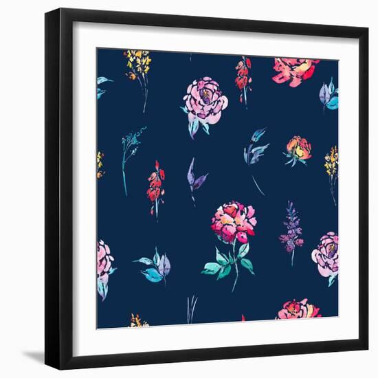 Abstract Watercolor Floral Seamless Pattern in a La Prima Style, Red Watercolor Roses - Flowers, Tw-Varvara Kurakina-Framed Art Print