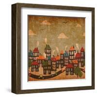 Abstract Winter City Vintage Colorful-Cienpies Design-Framed Art Print