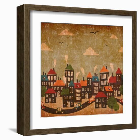 Abstract Winter City Vintage Colorful-Cienpies Design-Framed Art Print