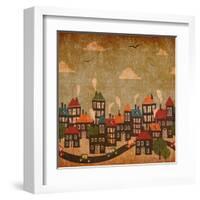 Abstract Winter City Vintage Colorful-Cienpies Design-Framed Art Print