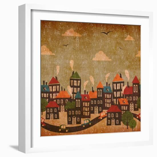 Abstract Winter City Vintage Colorful-Cienpies Design-Framed Art Print