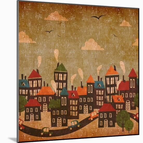 Abstract Winter City Vintage Colorful-Cienpies Design-Mounted Art Print