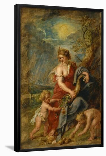 Abundance (Abundantia). Date/Period: Ca. 1630. Painting. Oil on panel Oil on panel. Height: 637 ...-Peter Paul Rubens-Framed Poster