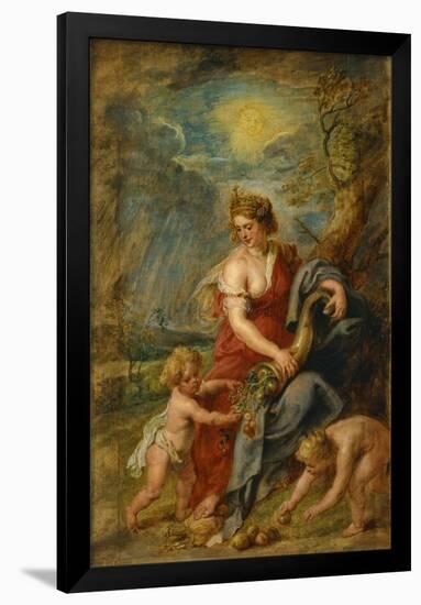 Abundance (Abundantia). Date/Period: Ca. 1630. Painting. Oil on panel Oil on panel. Height: 637 ...-Peter Paul Rubens-Framed Poster