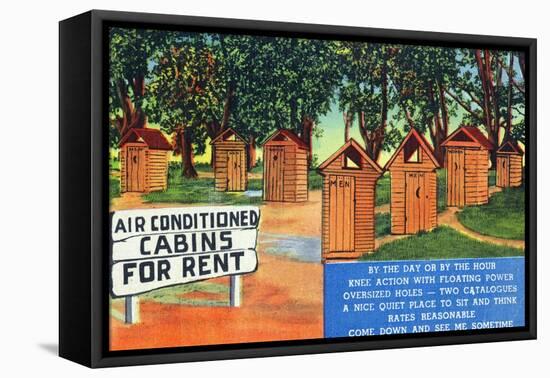 AC Cabins for Rent, View of Outhouses-Lantern Press-Framed Stretched Canvas