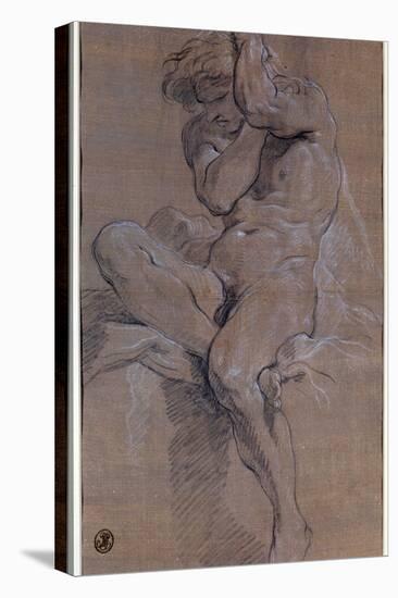 Academie D'homme Nu Assis Drawing a La Sanguine by Francois Boucher (1703-1770) 18Th Century Paris,-Francois Boucher-Stretched Canvas