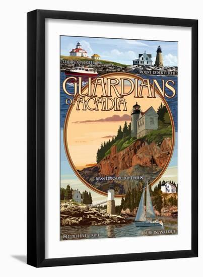 Acadia National Park, Maine - Guardians of Acadia Lighthouses-Lantern Press-Framed Art Print