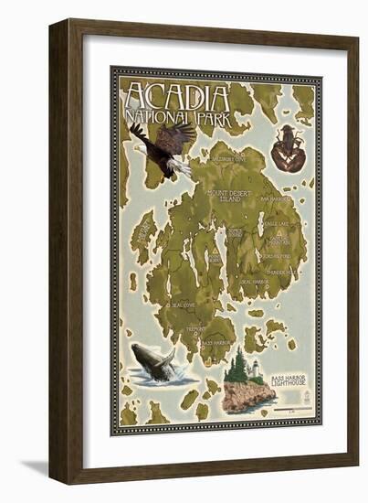 Acadia National Park, Maine - Map-Lantern Press-Framed Art Print