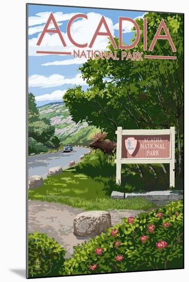 Acadia National Park, Maine - Park Entrance Sign and Moose-Lantern Press-Mounted Art Print