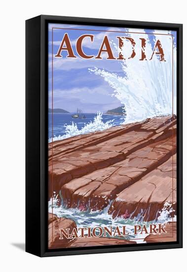 Acadia National Park, Maine, Waves and Boat-Lantern Press-Framed Stretched Canvas