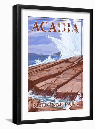 Acadia National Park, Maine, Waves and Boat-Lantern Press-Framed Art Print