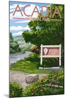 Acadia National Park - Park Entrance Sign and Moose - Centennial Rubber Stamp-Lantern Press-Mounted Art Print