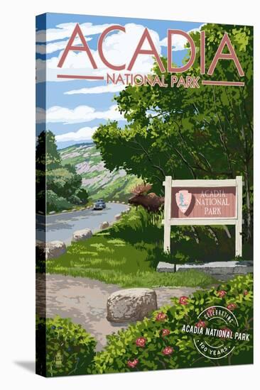Acadia National Park - Park Entrance Sign and Moose - Centennial Rubber Stamp-Lantern Press-Stretched Canvas