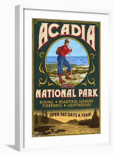 Acadia National Park - Vintage Hiker Sign-Lantern Press-Framed Art Print