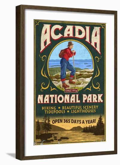 Acadia National Park - Vintage Hiker Sign-Lantern Press-Framed Art Print