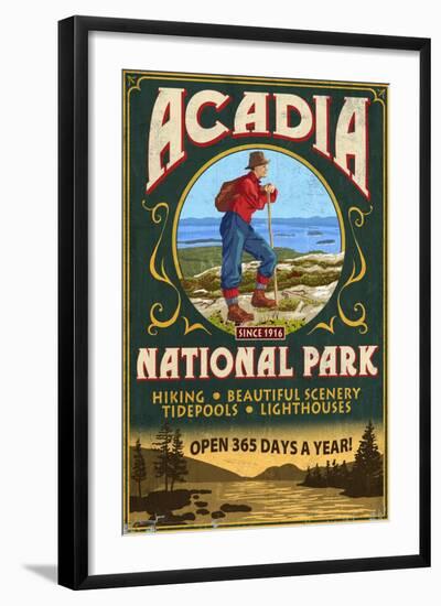 Acadia National Park - Vintage Hiker Sign-Lantern Press-Framed Art Print