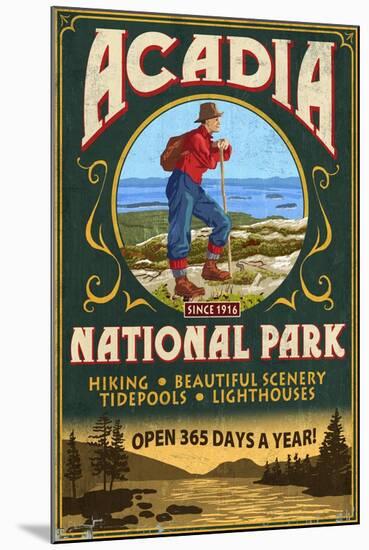 Acadia National Park - Vintage Hiker Sign-Lantern Press-Mounted Art Print