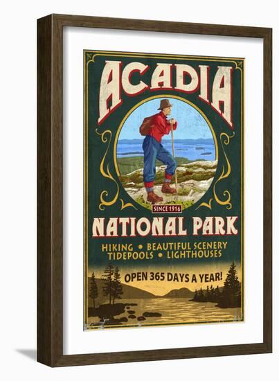 Acadia National Park - Vintage Hiker Sign-Lantern Press-Framed Art Print