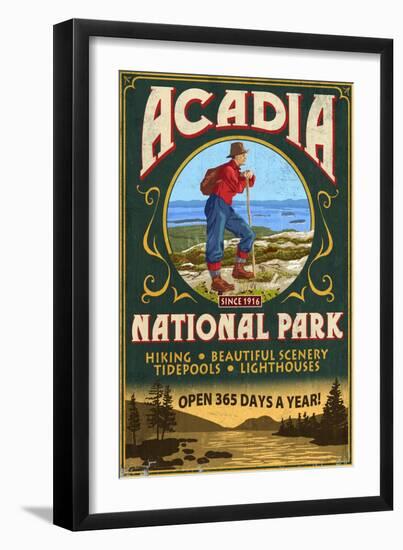 Acadia National Park - Vintage Hiker Sign-Lantern Press-Framed Art Print