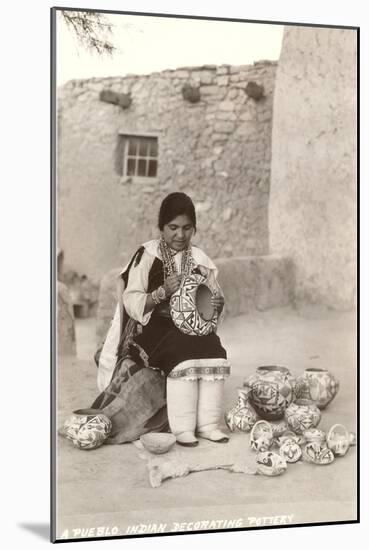 Acoma Pueblo Indian Woman Decorating Pottery-null-Mounted Art Print