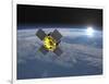 Acrimsat Satellite Orbiting Earth and Rising Sun-null-Framed Art Print