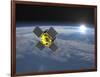 Acrimsat Satellite Orbiting Earth and Rising Sun-null-Framed Art Print