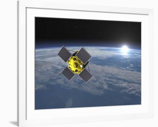 Acrimsat Satellite Orbiting Earth and Rising Sun-null-Framed Art Print