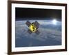 Acrimsat Satellite Orbiting Earth and Rising Sun-null-Framed Art Print