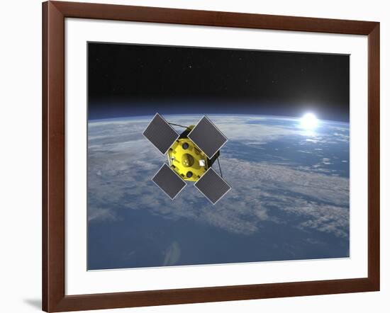 Acrimsat Satellite Orbiting Earth and Rising Sun-null-Framed Art Print