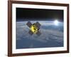 Acrimsat Satellite Orbiting Earth and Rising Sun-null-Framed Art Print