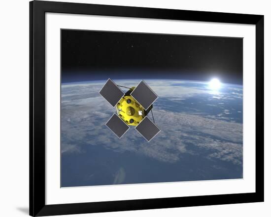 Acrimsat Satellite Orbiting Earth and Rising Sun-null-Framed Art Print