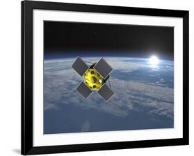 Acrimsat Satellite Orbiting Earth and Rising Sun-null-Framed Art Print