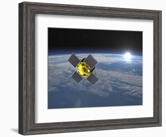 Acrimsat Satellite Orbiting Earth and Rising Sun-null-Framed Art Print