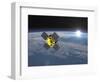 Acrimsat Satellite Orbiting Earth and Rising Sun-null-Framed Art Print