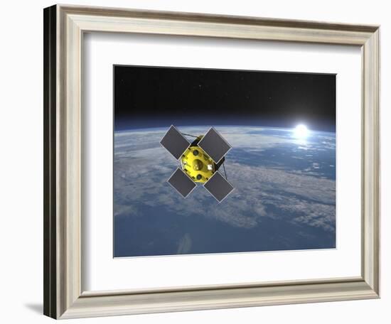 Acrimsat Satellite Orbiting Earth and Rising Sun-null-Framed Art Print