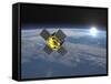 Acrimsat Satellite Orbiting Earth and Rising Sun-null-Framed Stretched Canvas