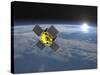 Acrimsat Satellite Orbiting Earth and Rising Sun-null-Stretched Canvas