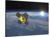 Acrimsat Satellite Orbiting Earth and Rising Sun-null-Stretched Canvas