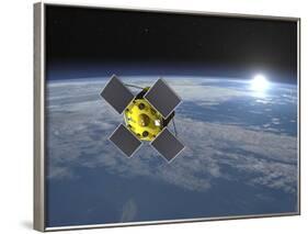 Acrimsat Satellite Orbiting Earth and Rising Sun-null-Framed Art Print