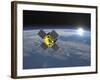 Acrimsat Satellite Orbiting Earth and Rising Sun-null-Framed Art Print