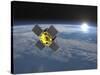 Acrimsat Satellite Orbiting Earth and Rising Sun-null-Stretched Canvas