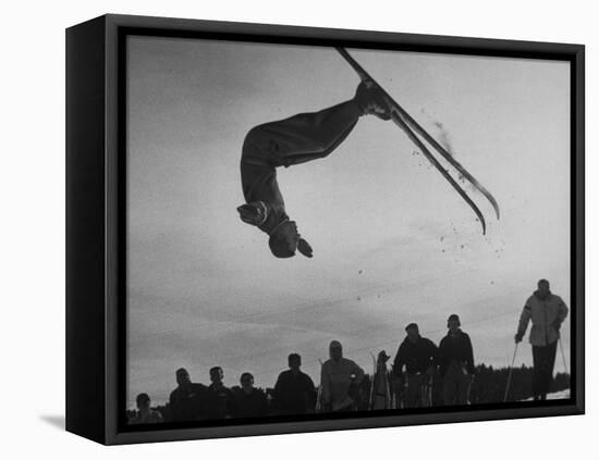 Acrobatic Skier Jack Reddish in Somersault at Sun Valley Ski Resort-J^ R^ Eyerman-Framed Stretched Canvas