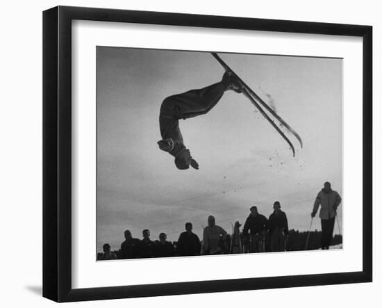 Acrobatic Skier Jack Reddish in Somersault at Sun Valley Ski Resort-J^ R^ Eyerman-Framed Photographic Print