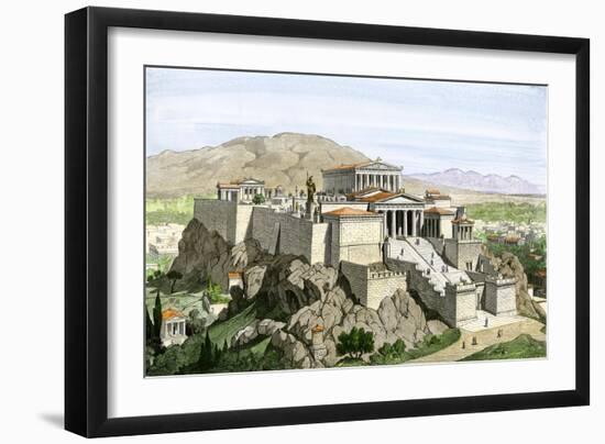 Acropolis of Ancient Athens, Crowned by the Parthenon and a Statue of Athena-null-Framed Giclee Print