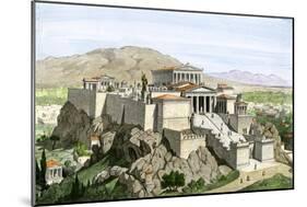 Acropolis of Ancient Athens, Crowned by the Parthenon and a Statue of Athena-null-Mounted Giclee Print