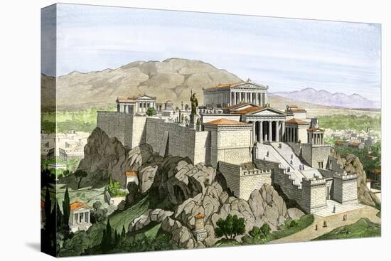 Acropolis of Ancient Athens, Crowned by the Parthenon and a Statue of Athena-null-Stretched Canvas