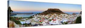 Acropolis of Lindos and Village Illuminated at Dusk, Lindos, Rhodes, Greece-Doug Pearson-Stretched Canvas