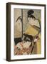 Act II of Chushingura, the Young Samurai Rikiya, with Konami, Honzo Partly Hidden Behind the Door-Kitagawa Utamaro-Framed Giclee Print